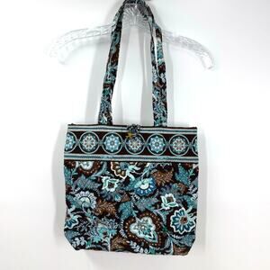 VTG Vera Bradley Tote Bag Java Blue Toggle Closure Brown Shoulder Retired Y2K